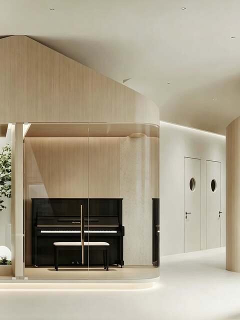 Glass-walled practice room with an upright piano